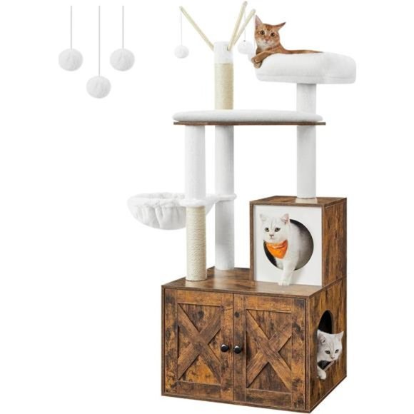 2-in-1 Modern Tower Cat Condo Cat Tree with Litter Box Enclosure, Rustic Brown